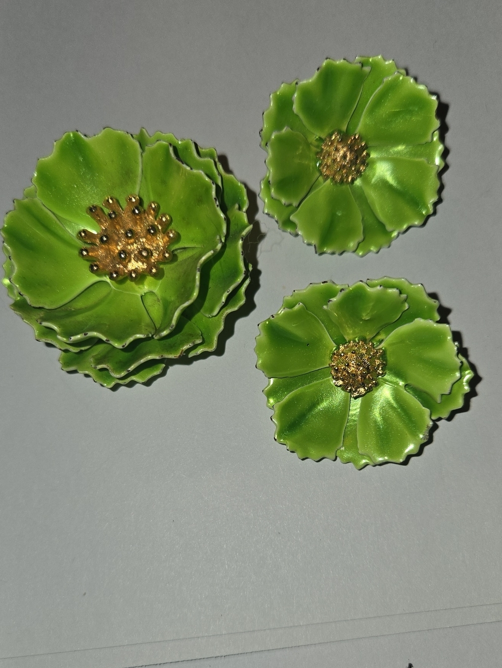 Vintage 1960s Lime Green Enamel Flower Brooch and Earring Set with Gold Centers